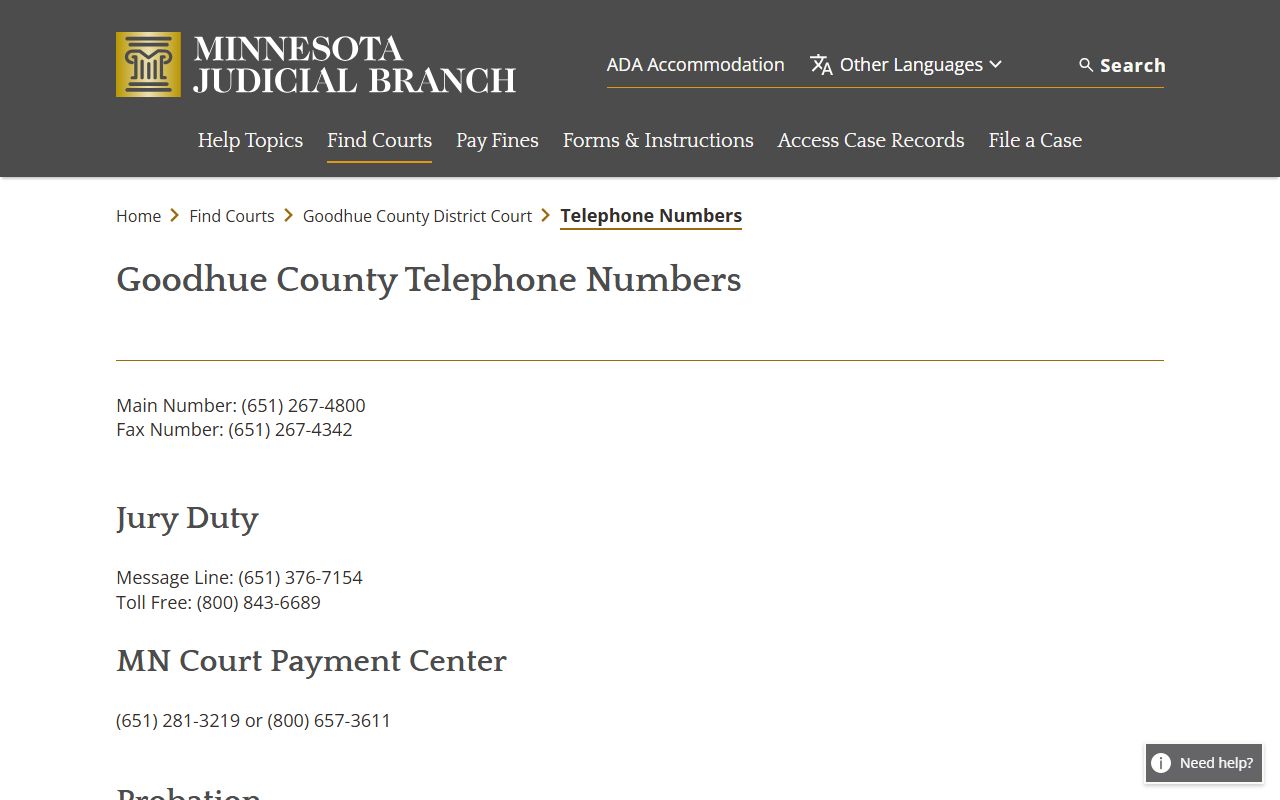 Goodhue County court dockets court phone numbers source