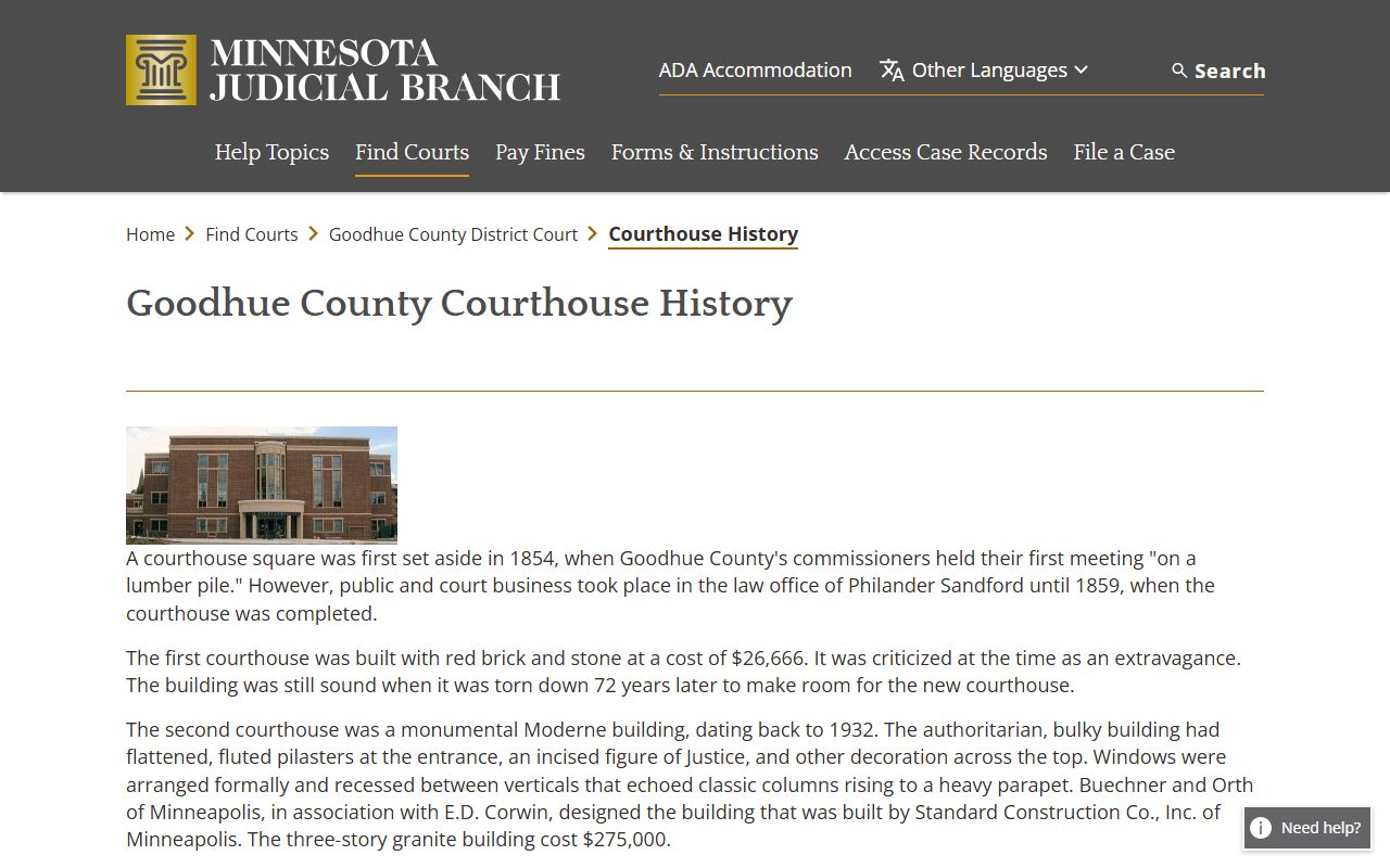 Goodhue County court dockets courthouse history source