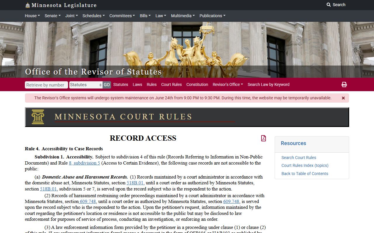 Goodhue County court records public access Rule 4 categories