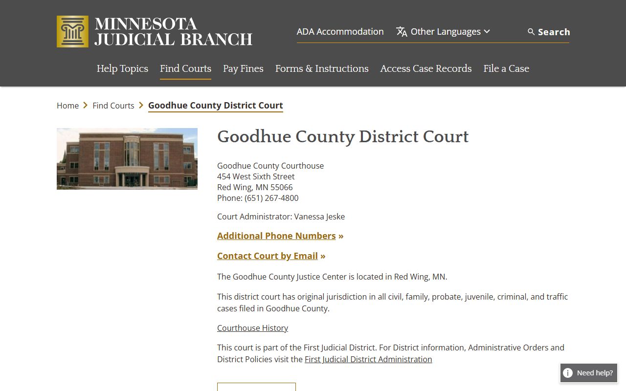 Goodhue County court records District Court page