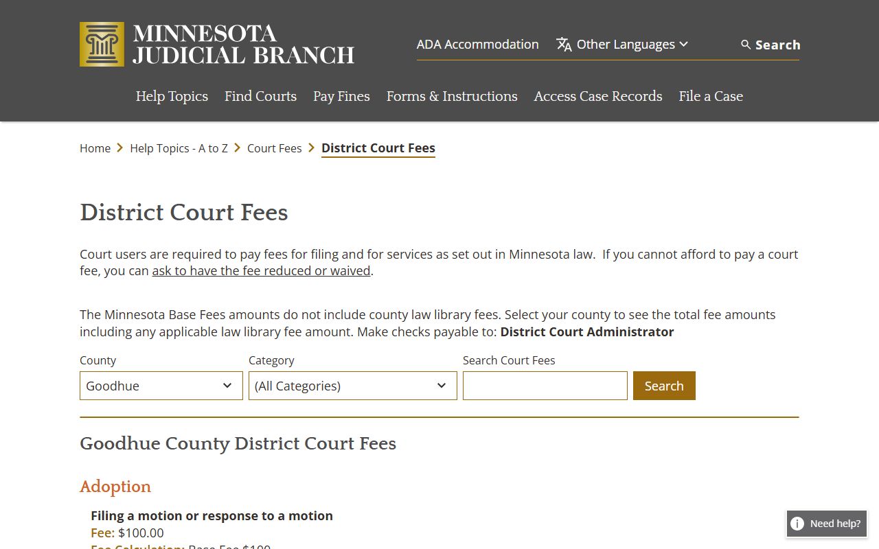Goodhue County court records fee schedule