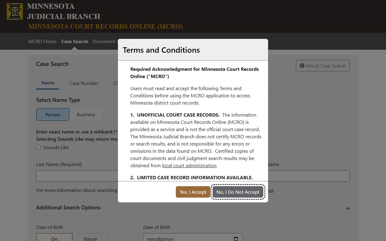Goodhue County court records MCRO case search fields
