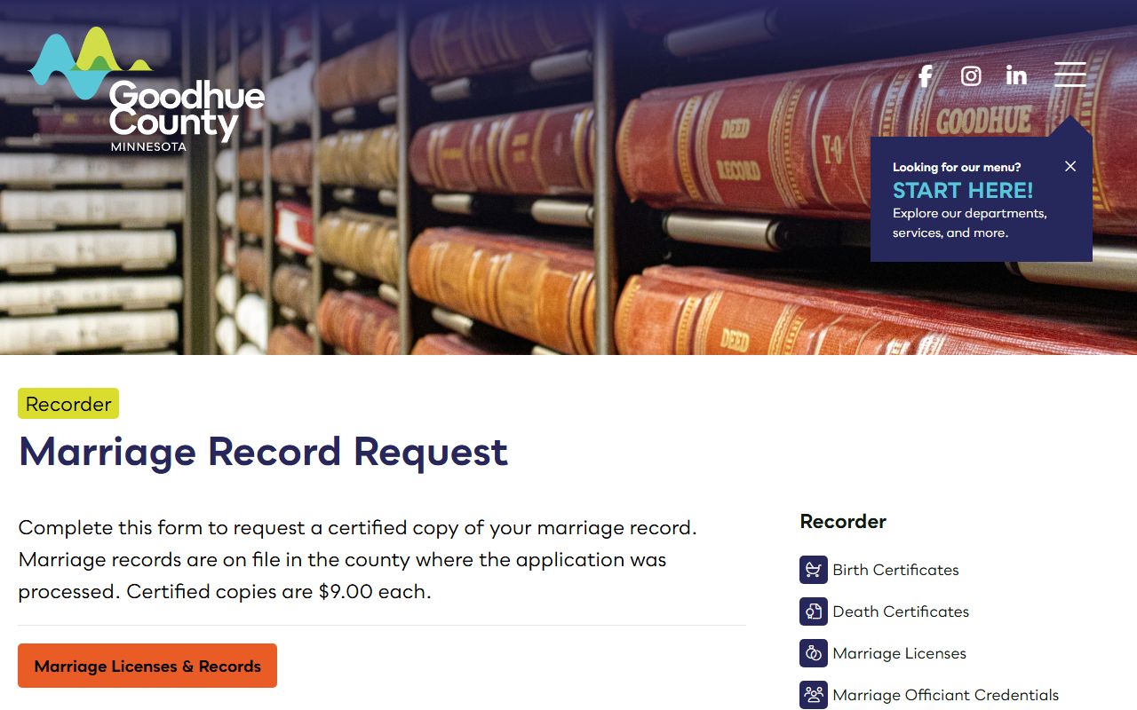 Goodhue County marriage records certified copy request