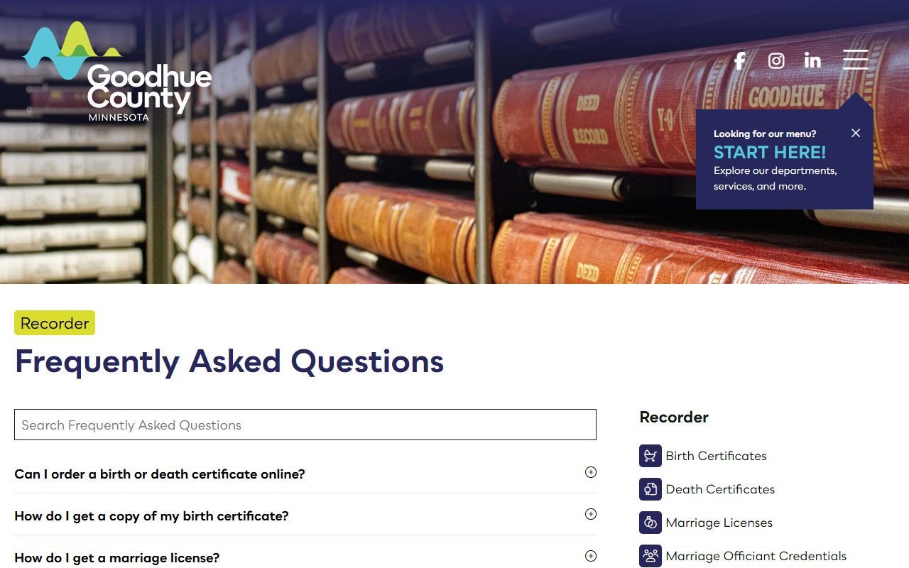 Goodhue County marriage records Recorder FAQ access details