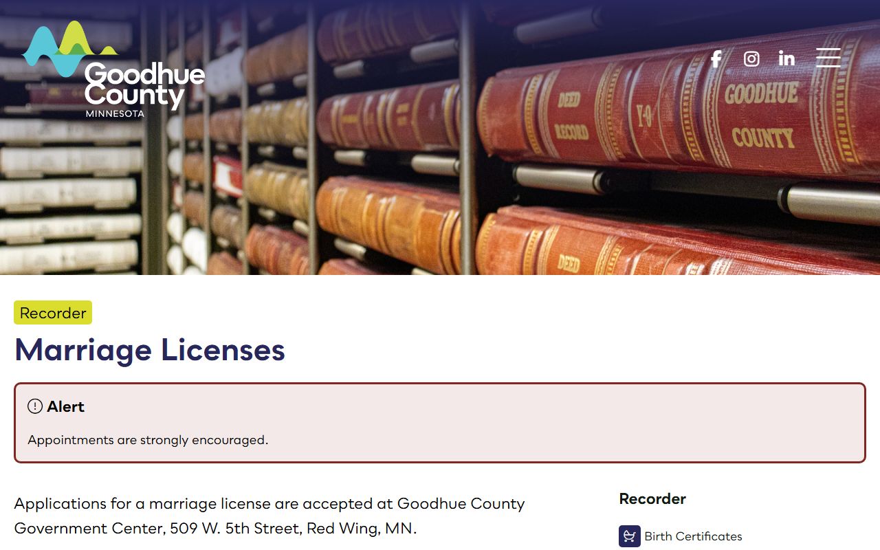 Goodhue County marriage and divorce records marriage license page