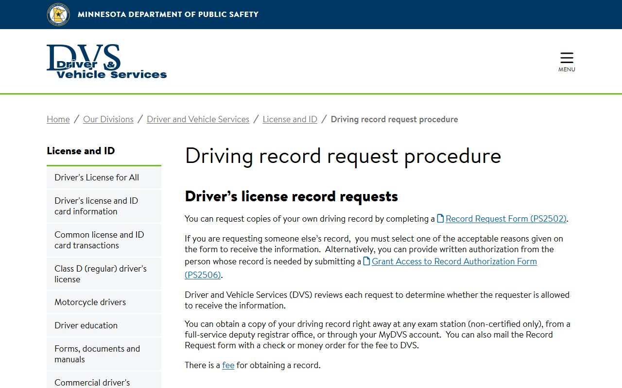 Goodhue County traffic court records DVS driving record request procedure