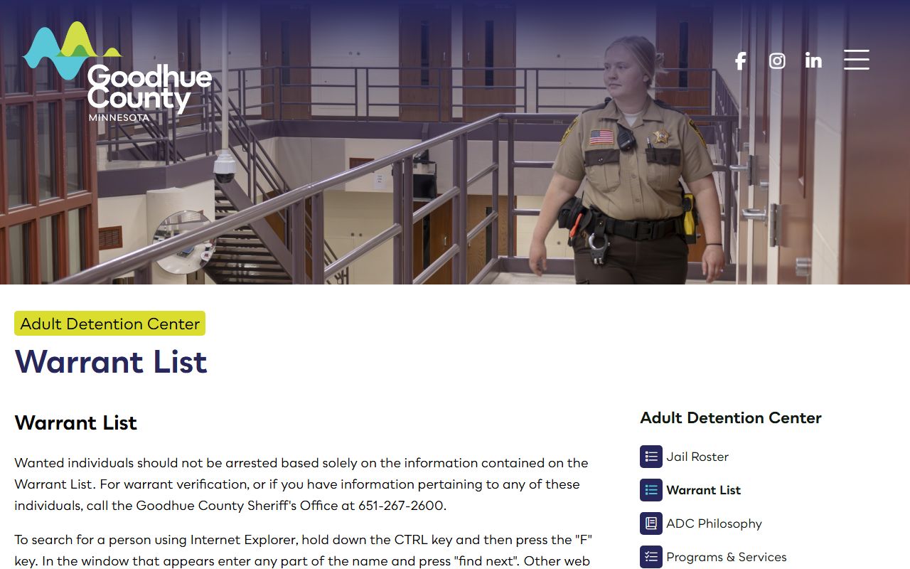 Goodhue County warrant records warrant list landing page